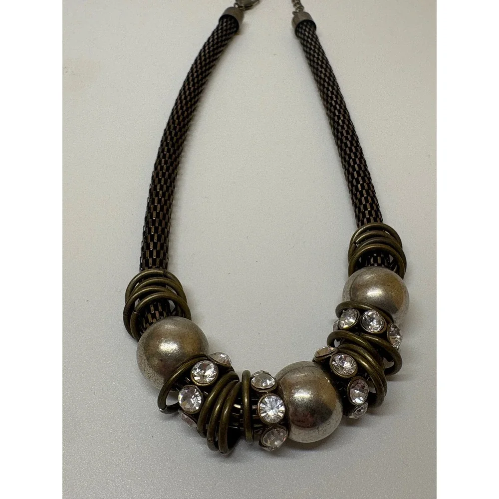 Antique Bronze Mesh Collar Necklace Silver Spheres Rhinestone Statement